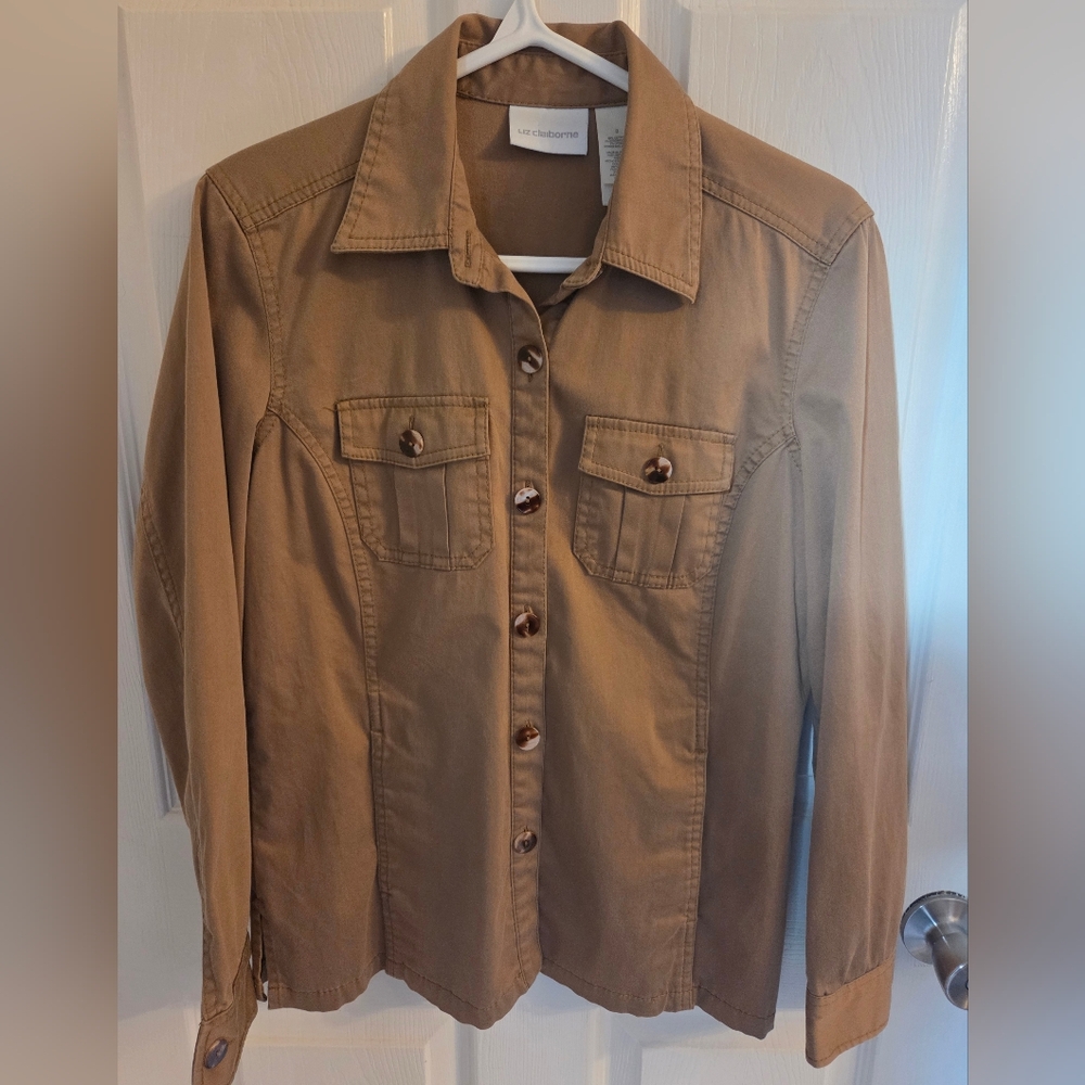 Liz Claiborne Cotton Stretch Camel Tan Utility Lightweight Jacket Shirt